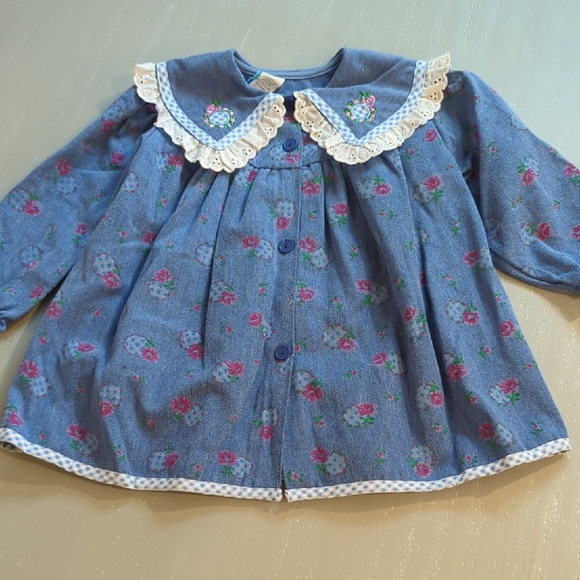 Vintage Floral Blue Baby Dress with Lace Collar size 24M - Picture 1 of 4